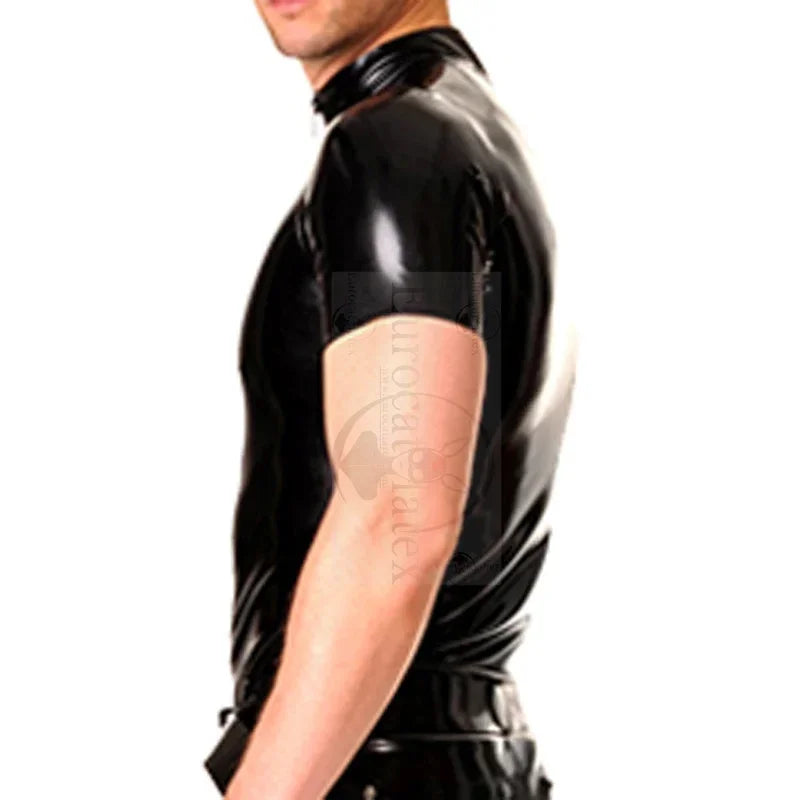 Black Mens Latex Shirt With Zipper At Front Short Sleeves Turn Down Collar