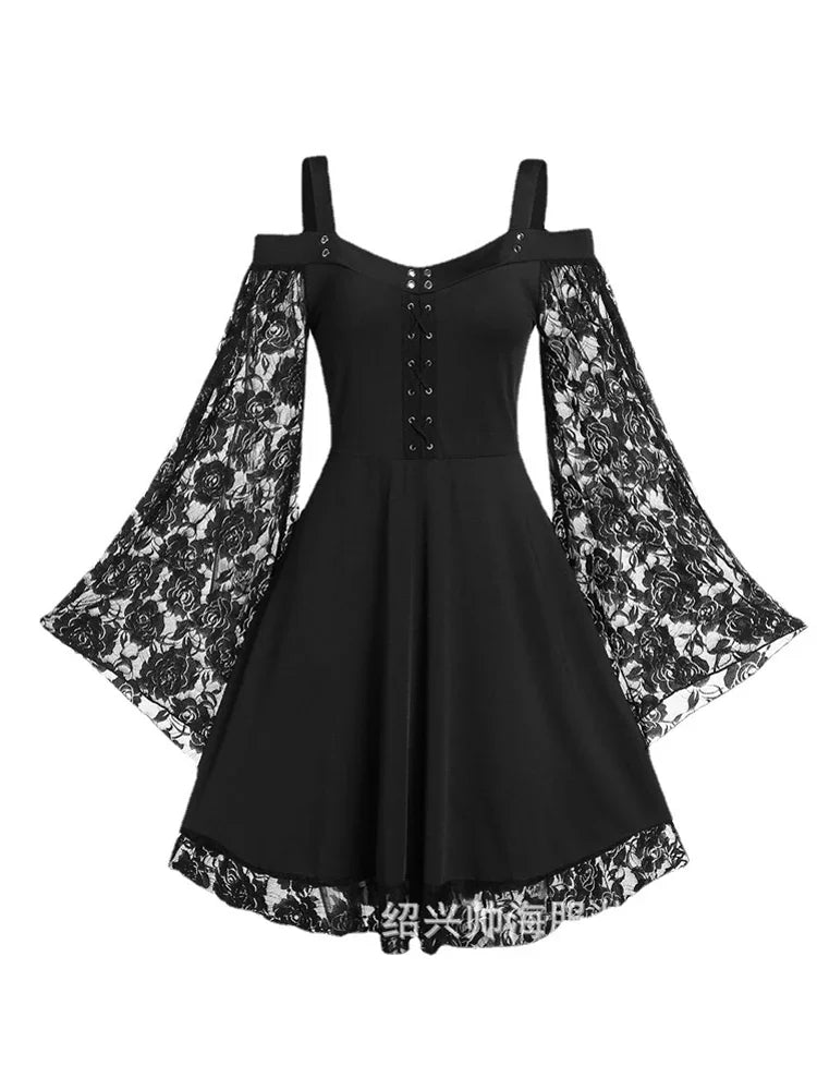 New Gothic One-shoulder Lace Vintage Look Stitching Flared Sleeve Dress