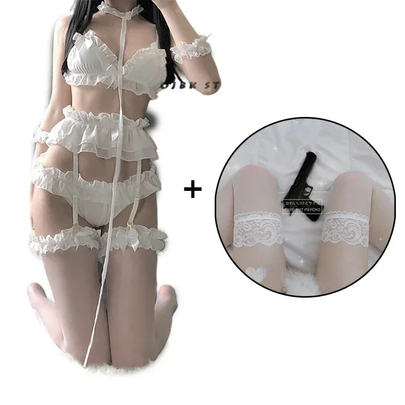 Kawaii Pink/Black or White Bra Panties with Garter Belt