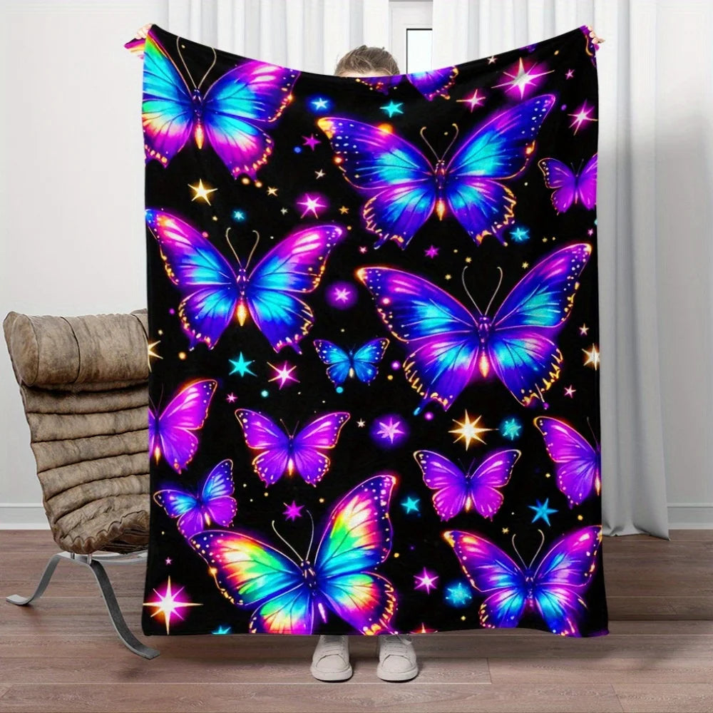 1pc Glowing Butterflies Galaxy Night Sky Flannel Blanket Cosmic Art Design Soft Cozy Throw For Bedroom
