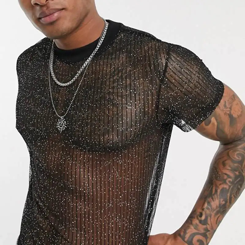 Men Mesh T Shirt See Through Shiny O Neck Short Sleeve Sexy Tee Tops Streetwear Transparent Party Nightclub Camisetas MY944