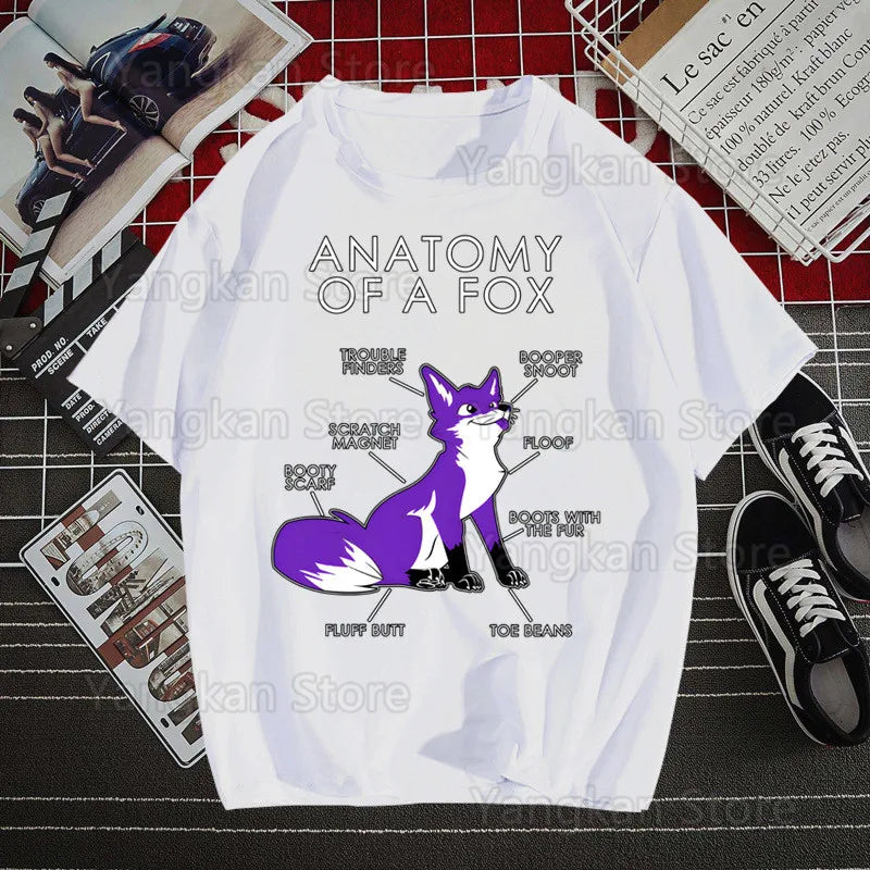 White t-shirt with 'Anatomy of a Fox' graphic design on a grid background