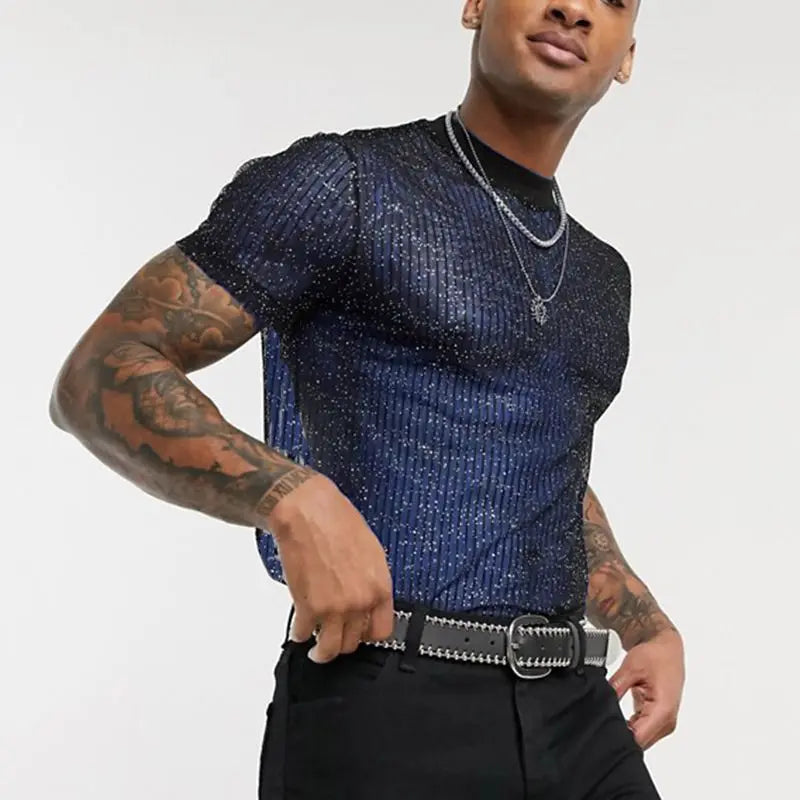Men Mesh T Shirt See Through Shiny O Neck Short Sleeve Sexy Tee Tops Streetwear Transparent Party Nightclub Camisetas MY944