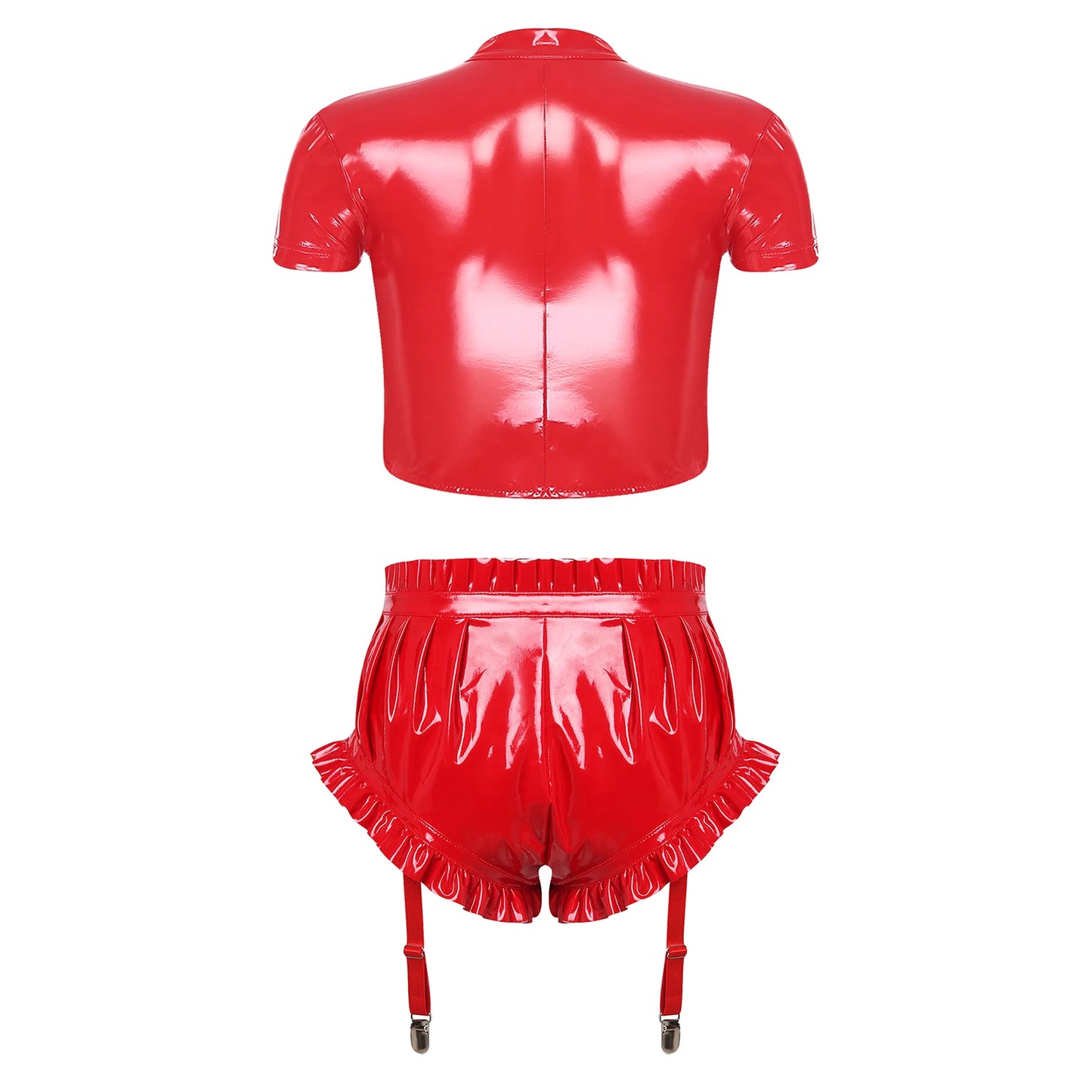 Unisex Wet Look PU Leather Rave Outfit Two Pieces