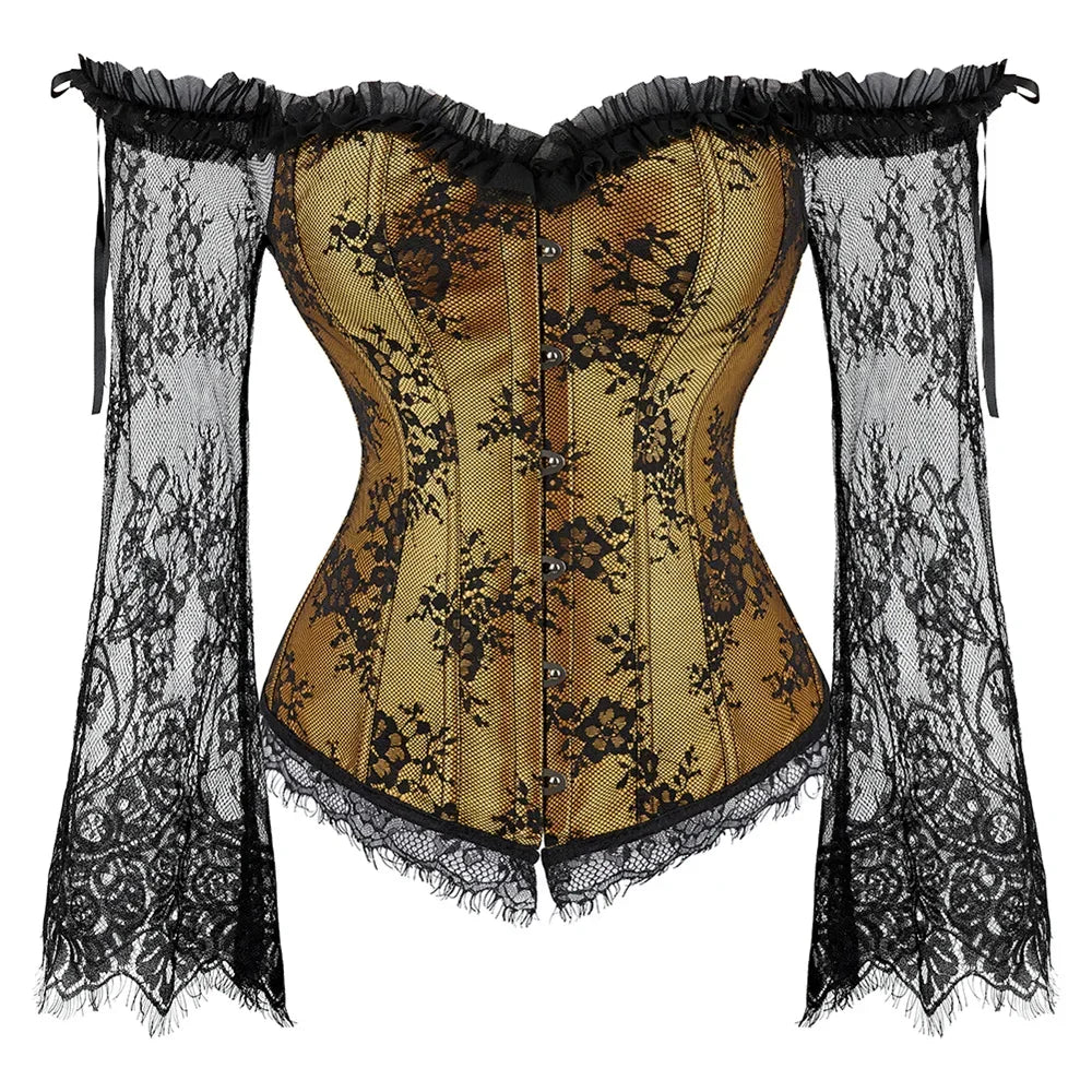 Off Shoulder Gothic Corsets and Bustiers Overbust Slimming Waist Long Sleeves Top