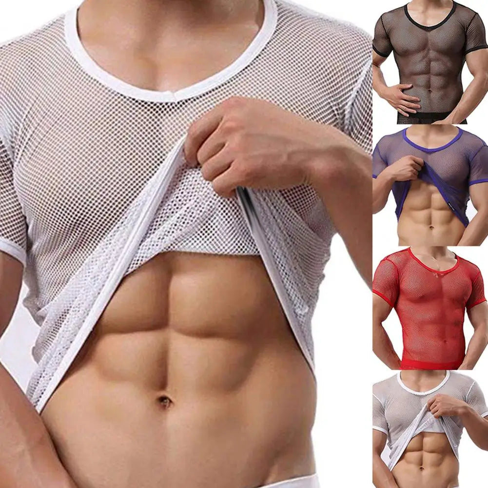 Men Mesh T Shirt Transparent Sexy Men See Through Fashion T-shirt Men Slim Fit Shiny Sexy T Shirt Party Nightclub Blouse Tops