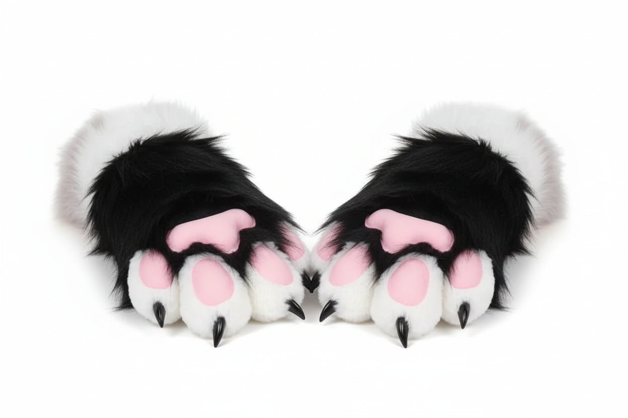 Close-up of a cat's paw with pink pads on a black background