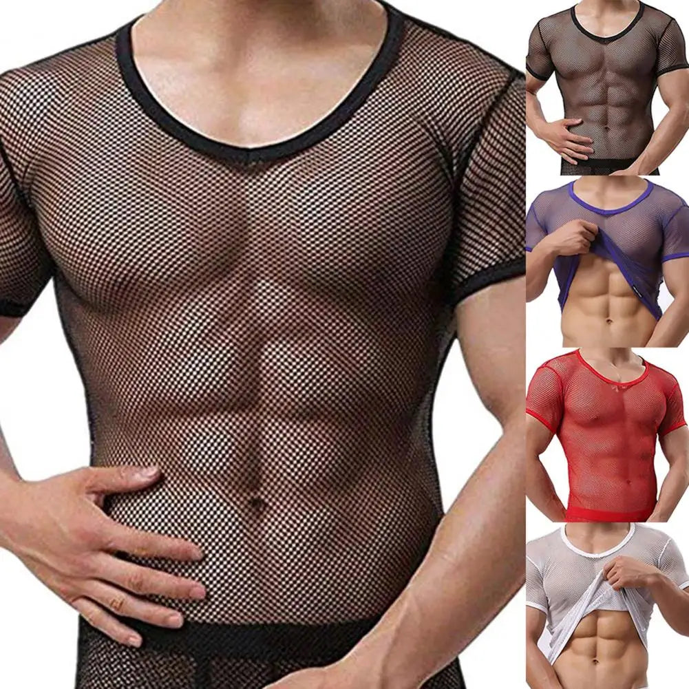 Men Mesh T Shirt Transparent Sexy Men See Through Fashion T-shirt Men Slim Fit Shiny Sexy T Shirt Party Nightclub Blouse Tops