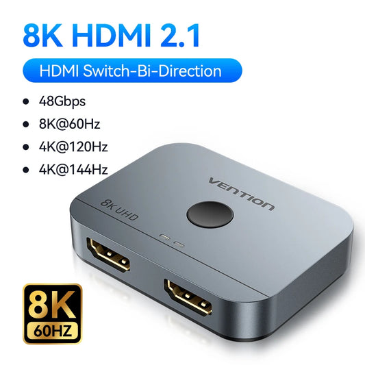 HDMI switch with 8K HDMI 2.1 capabilities on a white background