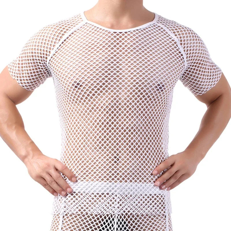 New Men Mesh Sheer T-shirt Training Fish Net Tops Short Sleeves See Through O-Neck Singlet Tees