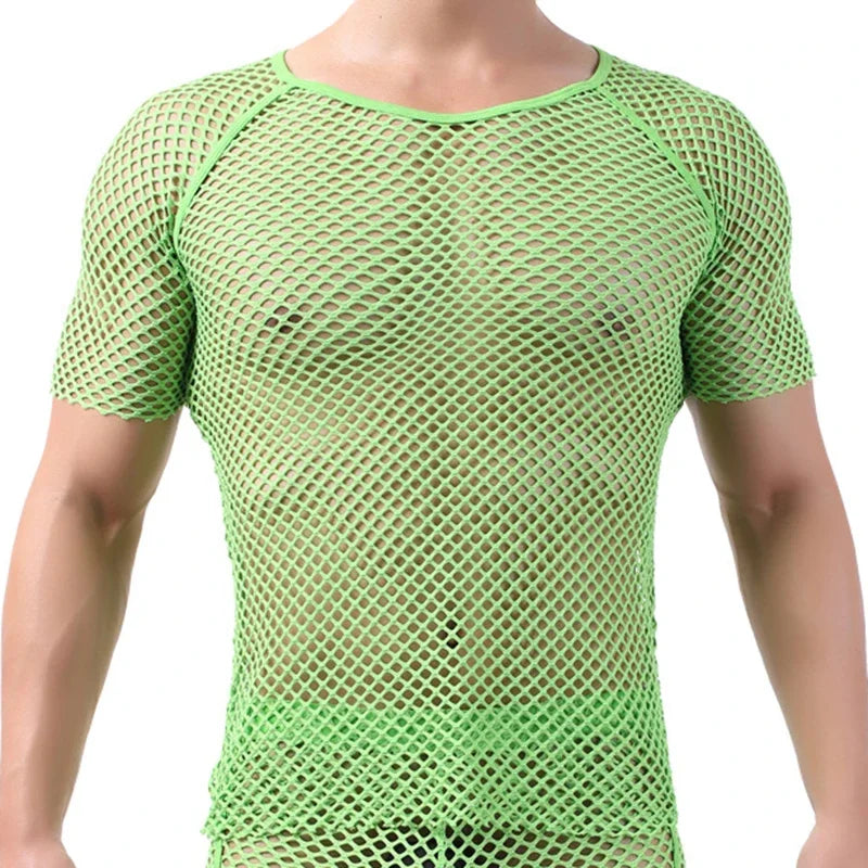 New Men Mesh Sheer T-shirt Training Fish Net Tops Short Sleeves See Through O-Neck Singlet Tees