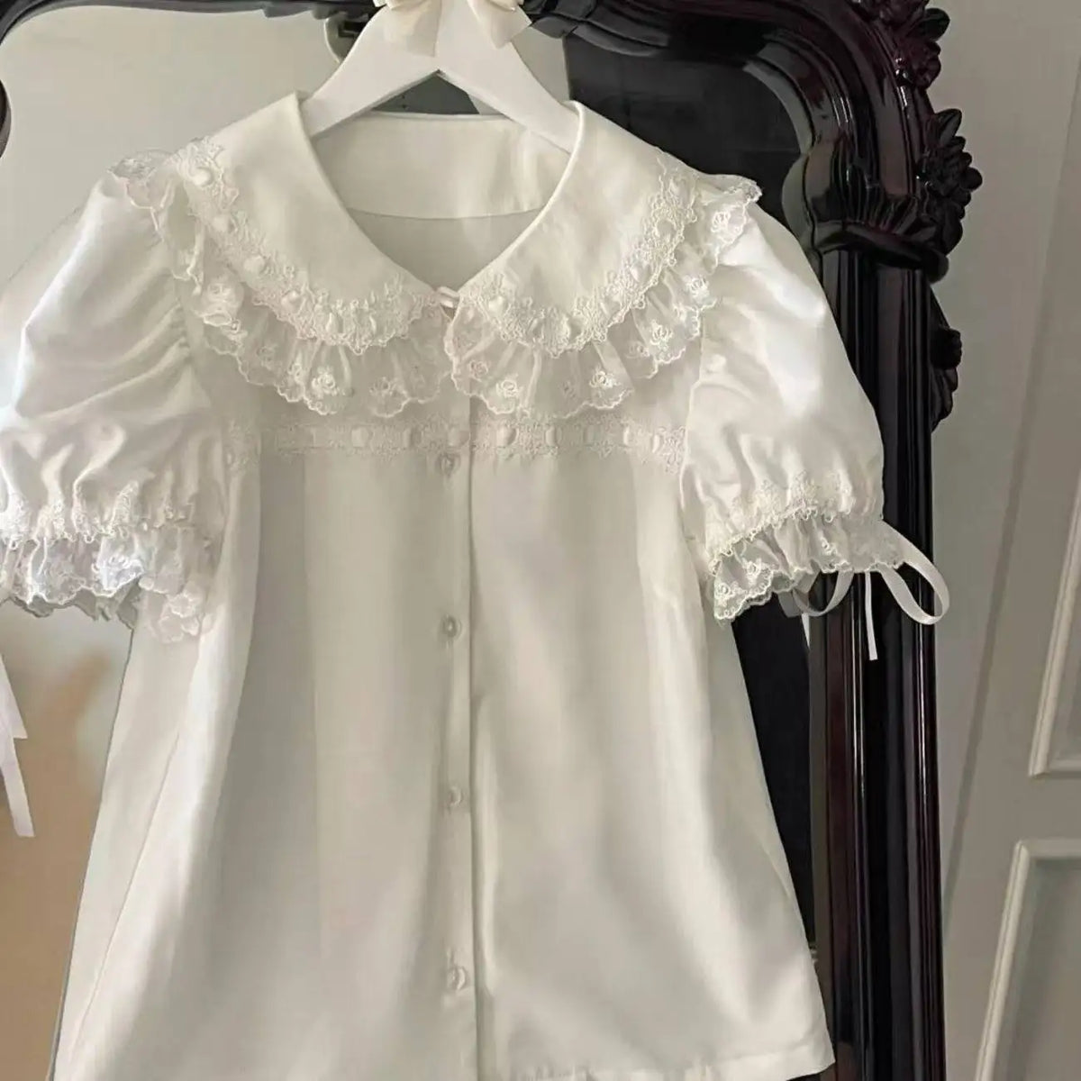 Japanese Cute  Blouses Unisex Kawaii All-match Peter Pan Collar Summer Shirt Tops Sweet Puff Sleeve Chic Blouse
