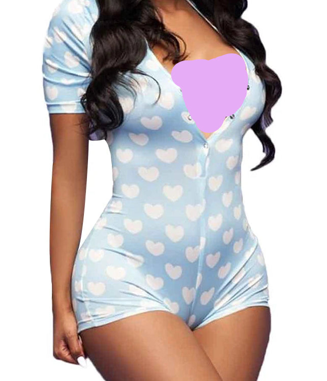 Short Jumpsuit with Love Pattern Printing Deep V-Neck Button Closure