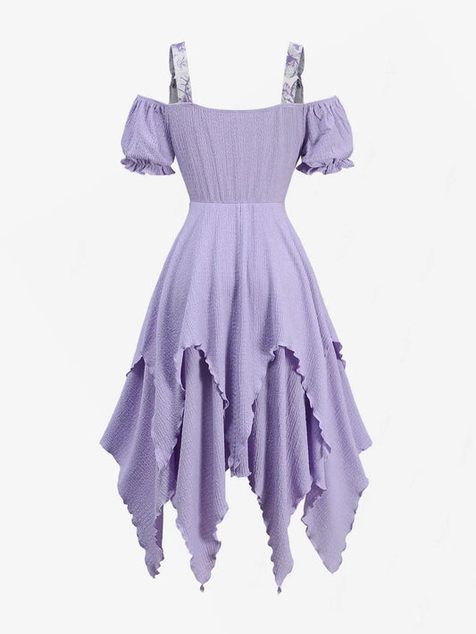 ROSEGAL Plus Size Flower Printed Lace Up Corset Handkerchief Textured 2 in 1 Dress