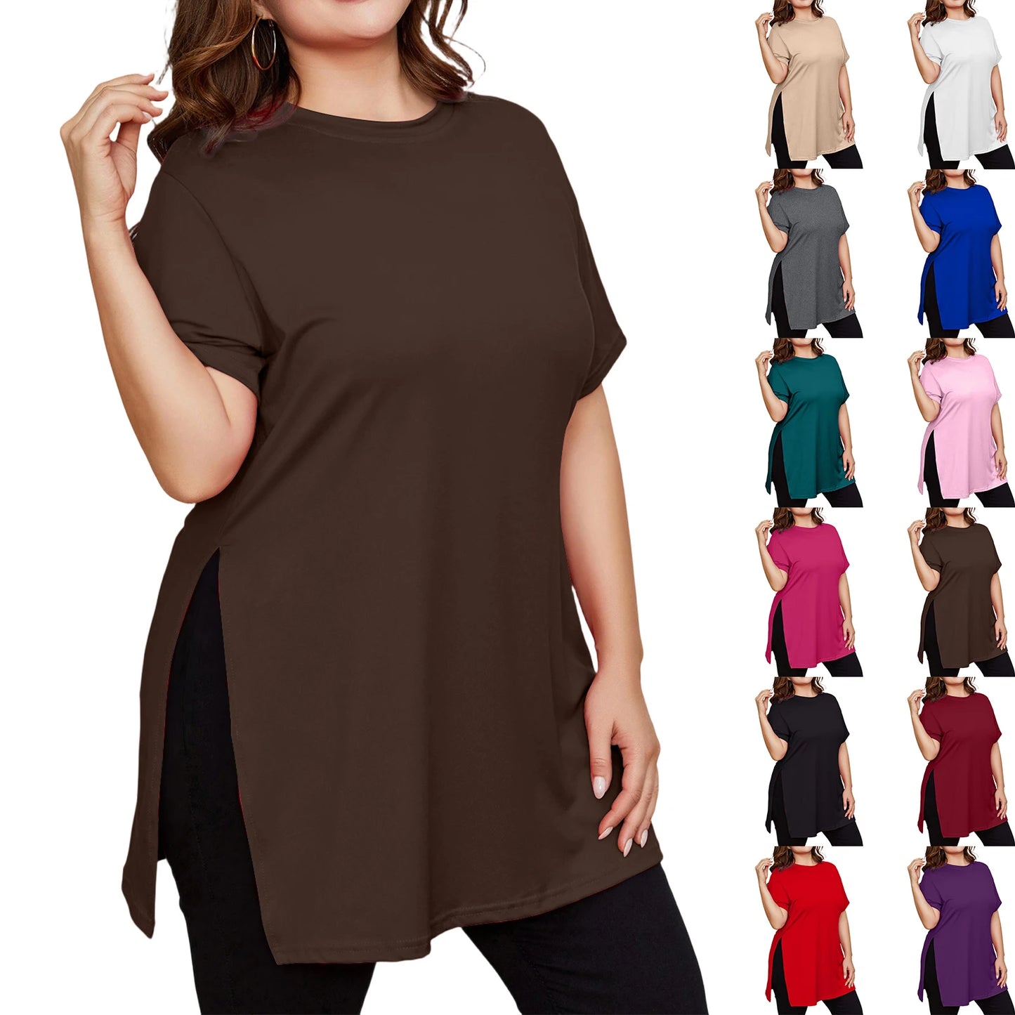 Plus Size Mid-length Slit T-shirt Solid Color Round Neck Short Sleeve