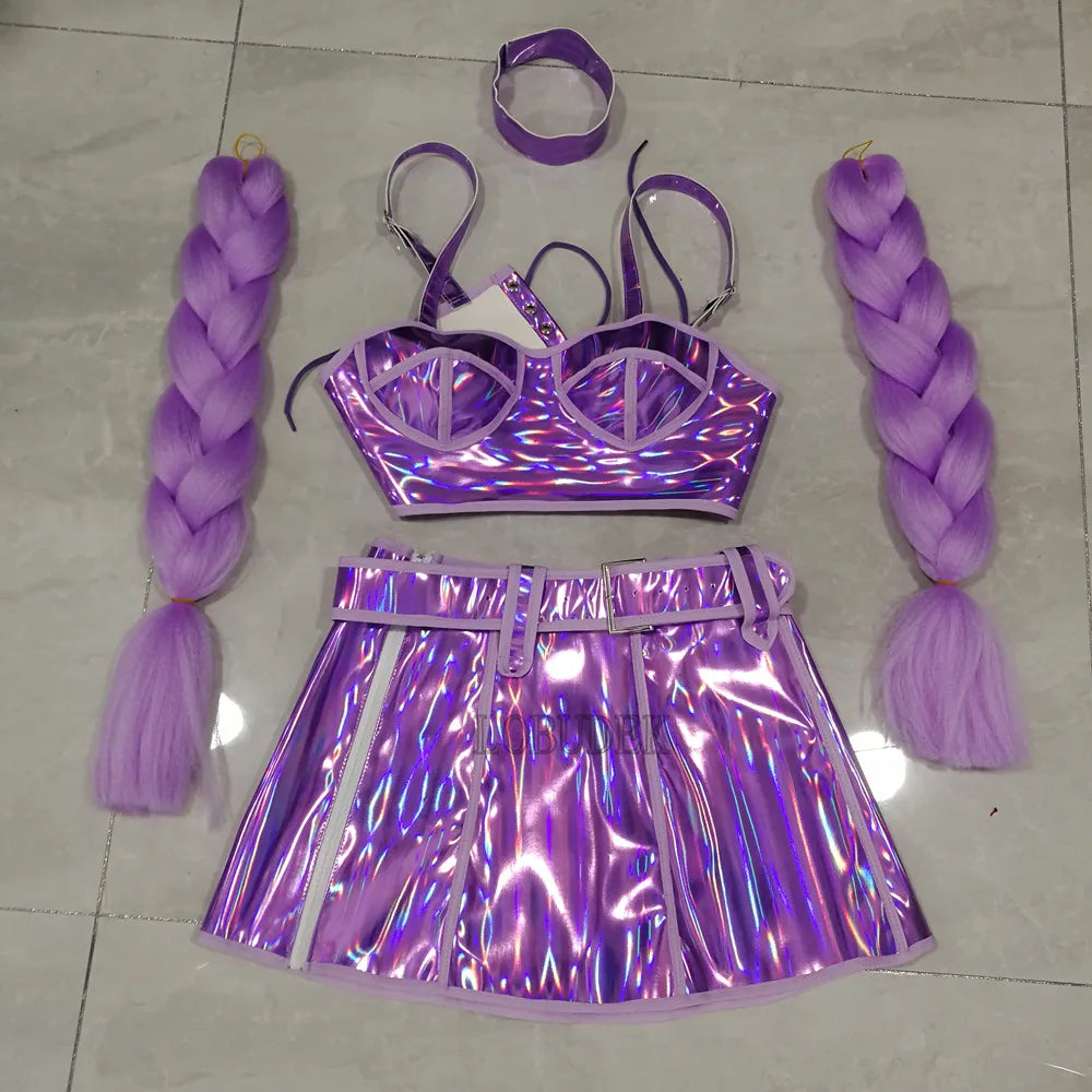 Purple iridescent outfit with bra and skirt, and two braided purple hair extensions on a tiled floor.