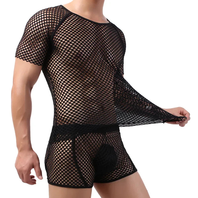 New Men Mesh Sheer T-shirt Training Fish Net Tops Short Sleeves See Through O-Neck Singlet Tees