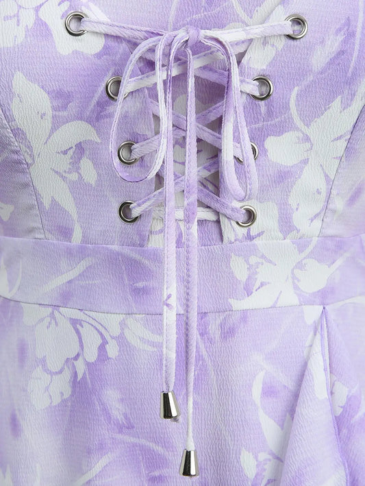 ROSEGAL Plus Size Tie Dye Floral Print Ruffles Lace-Up Dress