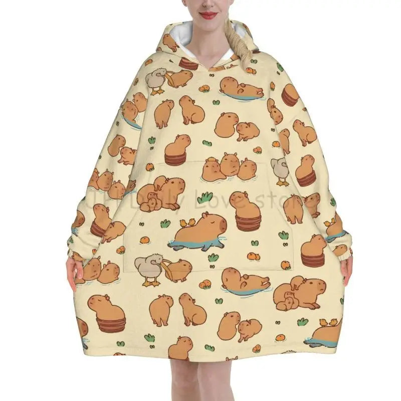 Wearable Blanket Hoodie Cute Capybara Oversized Blanket Warm Cozy Flannel Fleece Sherpa Blanket with Pockets