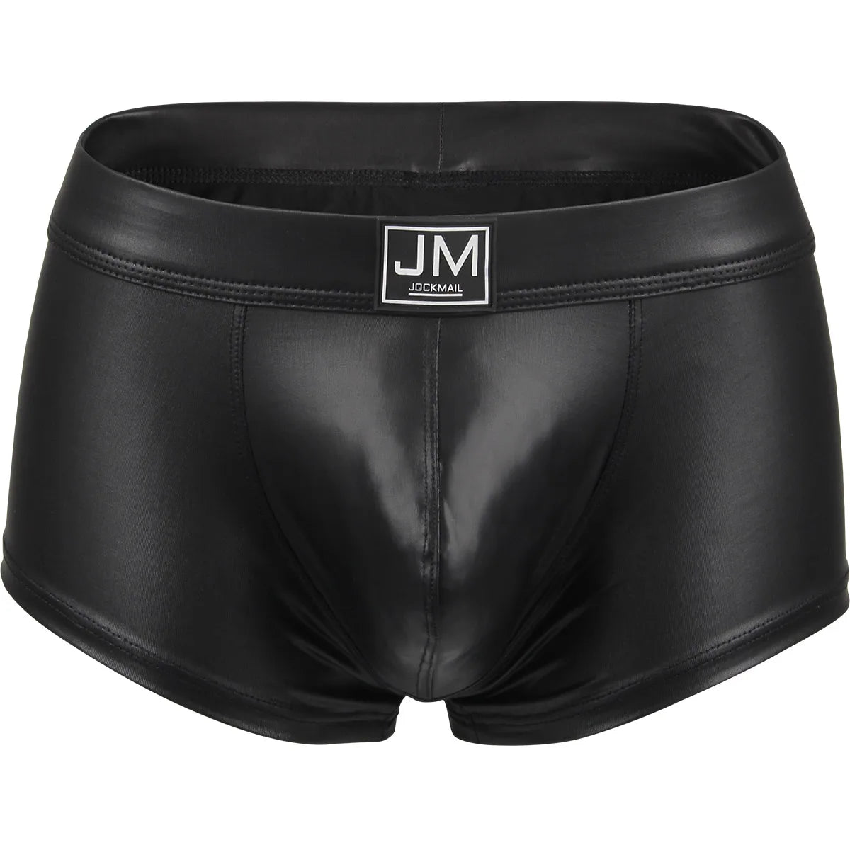 Black leather-style underwear with JM label on a white background