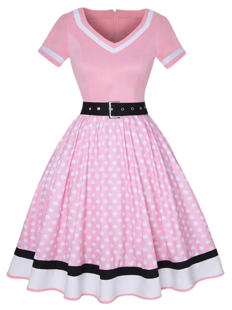 Vintage 50s 60s Mummy Vintage Party Dress With Belt Polka Dot Print Short Sleeve Hepburn Robe Pin Up Rockabilly Dresses