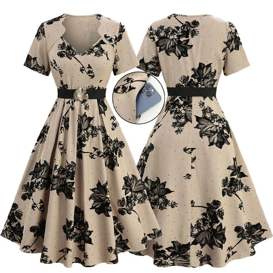 Plus Size V-Neck Dress Flower Leaf Print Pocket Dress With Buckle Belt