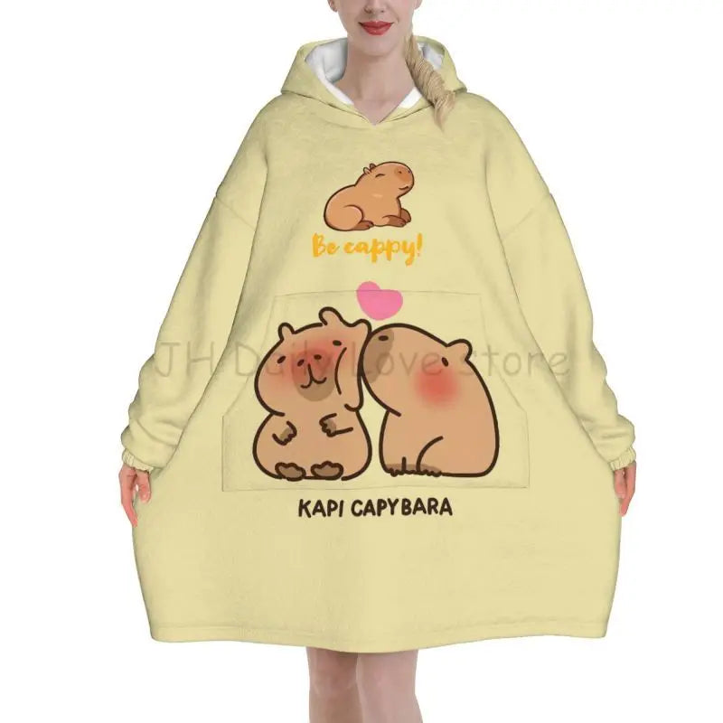 Wearable Blanket Hoodie Cute Capybara Oversized Blanket Warm Cozy Flannel Fleece Sherpa Blanket with Pockets