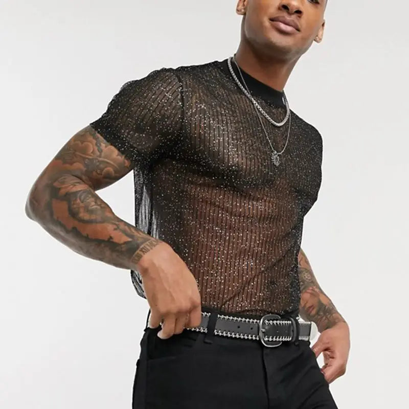 Men Mesh T Shirt See Through Shiny O Neck Short Sleeve Sexy Tee Tops Streetwear Transparent Party Nightclub Camisetas MY944