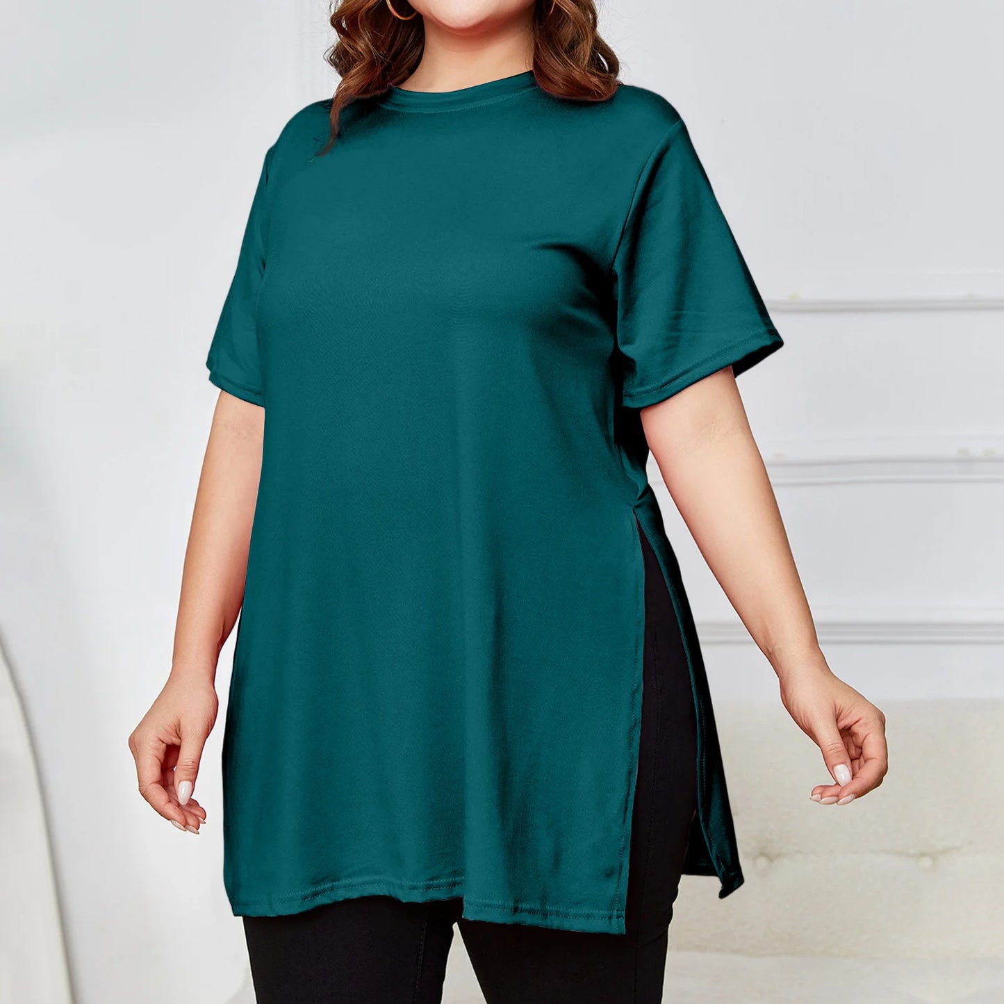 Plus Size Mid-length Slit T-shirt Solid Color Round Neck Short Sleeve
