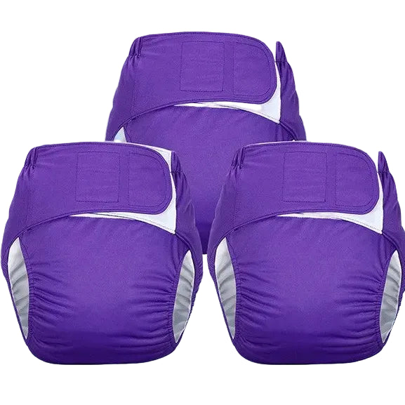 Purple adult velcro cloth diapers on a light blue background with brand logo.