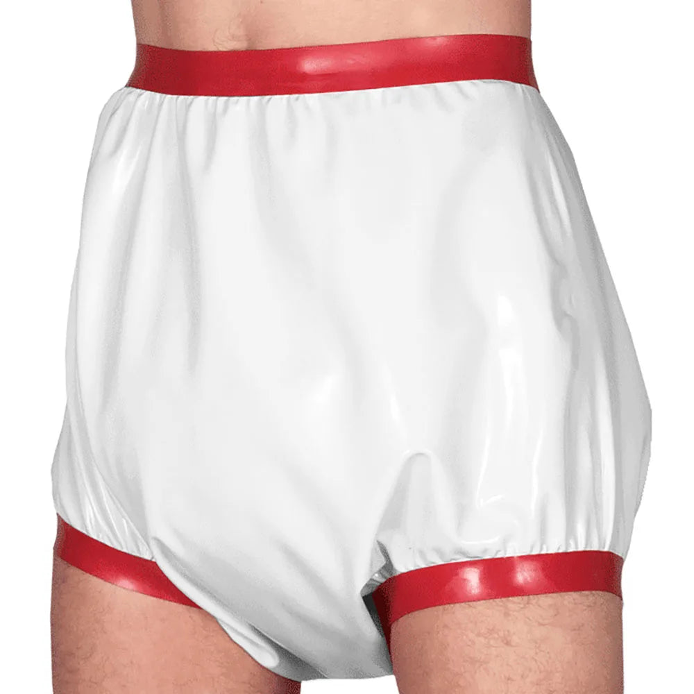 Adult Baby High Waisted Diaper Pants Wet look PVC Leather Patchwork Wide Thigh Shorts