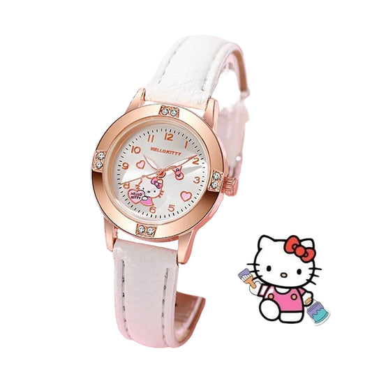 Hello Kitty-themed watch with white strap and rose gold case on a pink background, featuring Sanrio logo.