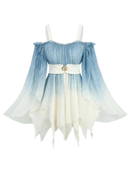 Gradient dress with blue to white color scheme on a gray background