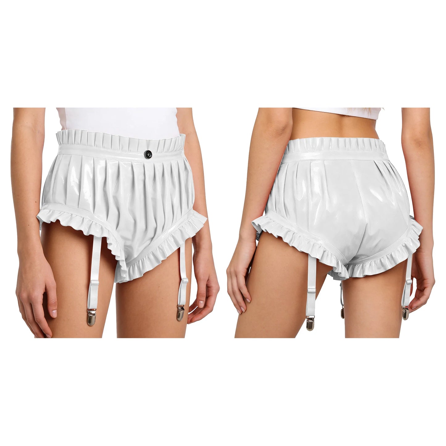 Unisex Wet Look PU Leather Boxer Shorts Hot Pants Ruffled Trim Shorts with Garter Clips