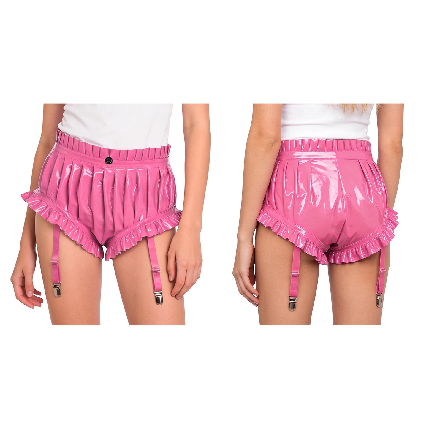 Unisex Wet Look PU Leather Boxer Shorts Hot Pants Ruffled Trim Shorts with Garter Clips
