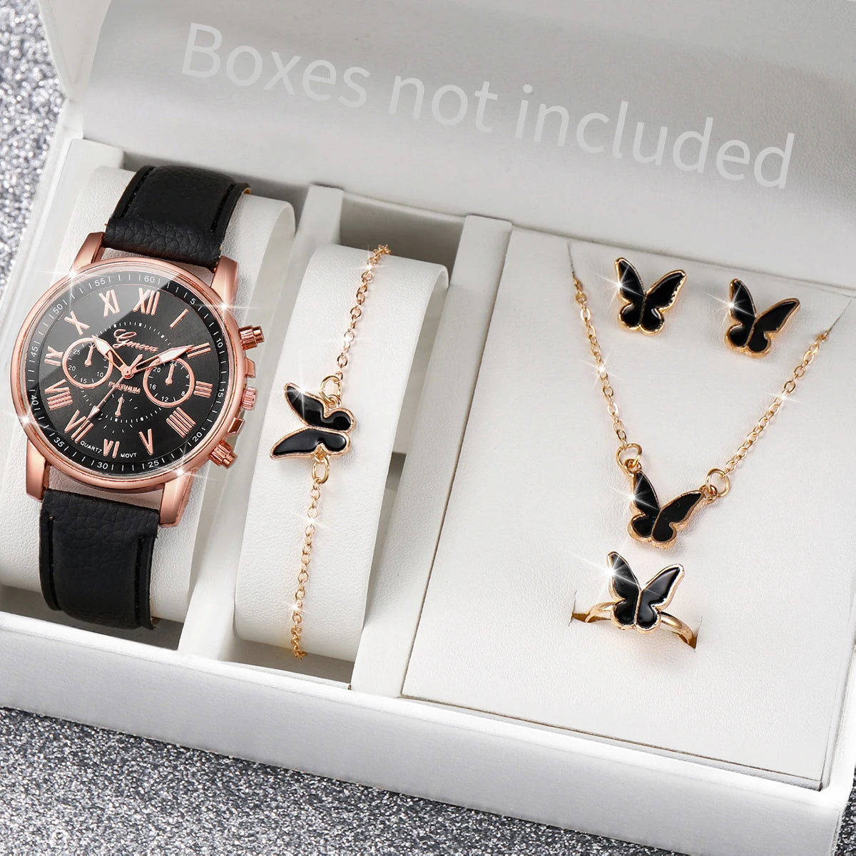 5/6PCS Fashion Women's Quartz Watch Leather Band Analog Wrist Watches
