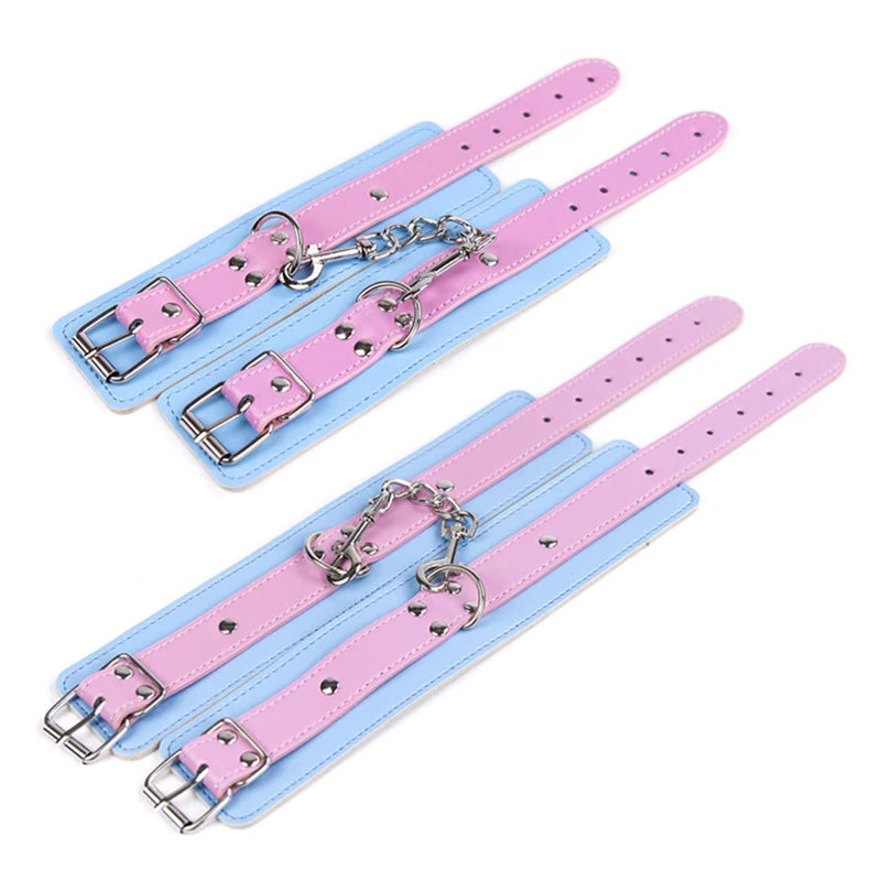 Adjustable PU Leather Collar, Hand cuffs and Ankle Cuffs Bondage Set