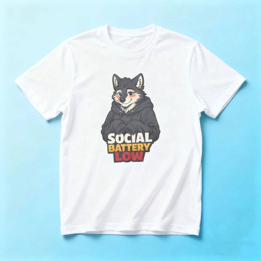 White t-shirt with a graphic of a dog in a hoodie and 'Social Battery Low' text on a blue background