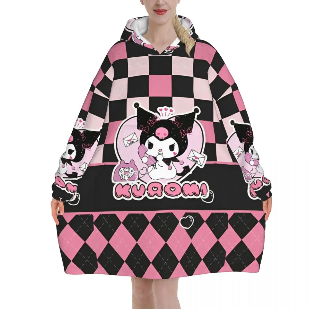My Melody And Kuromi Blanket Hoodie Wearable Cute Cartoon Blanket Large with Pocket Warm Onesie