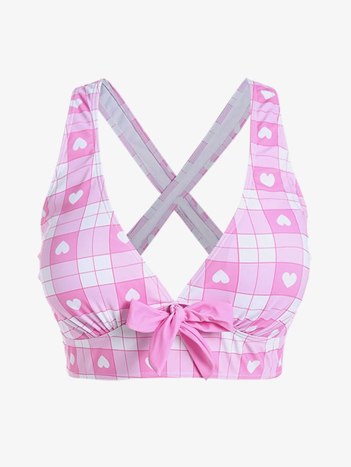 Pink plaid bikini top with heart patterns and a bow on a white background