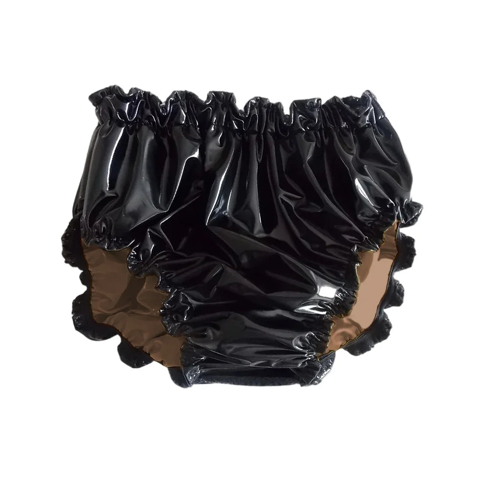 Shiny PVC Leather Panties Double Layer Splicing Briefs Glossy Waterproof