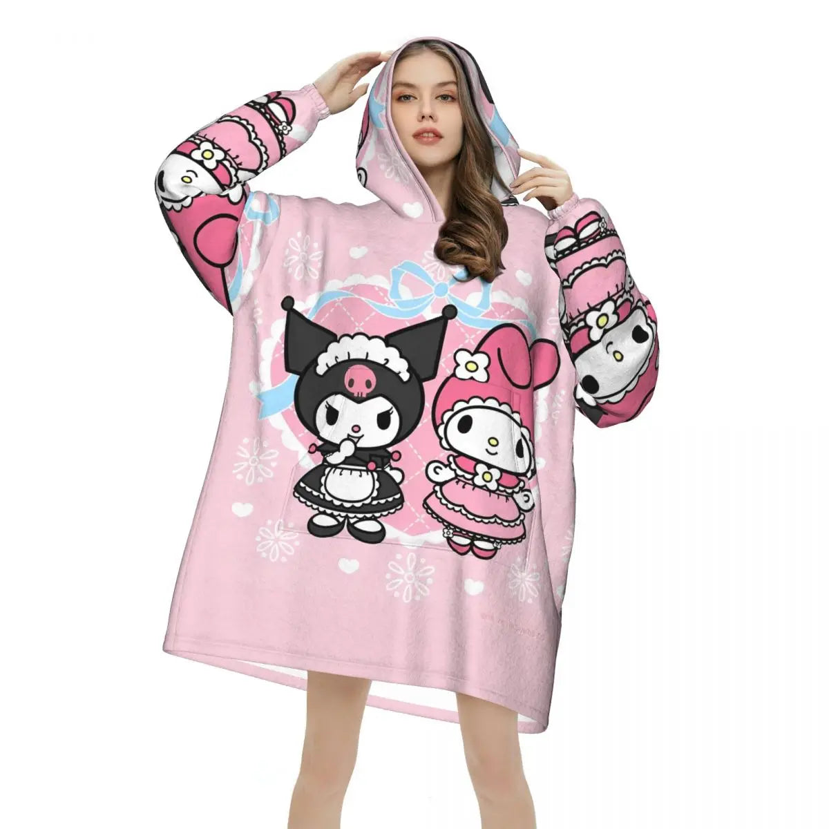 My Melody And Kuromi Blanket Hoodie Wearable Cute Cartoon Blanket Large with Pocket Warm Onesie