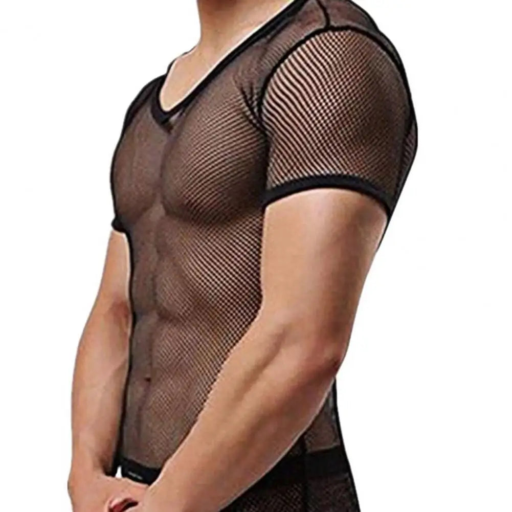 Men Mesh T Shirt Transparent Sexy Men See Through Fashion T-shirt Men Slim Fit Shiny Sexy T Shirt Party Nightclub Blouse Tops