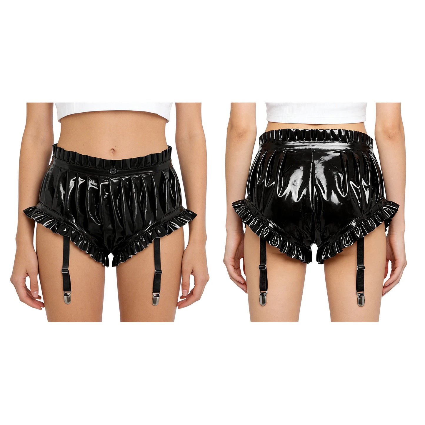 Unisex Wet Look PU Leather Boxer Shorts Hot Pants Ruffled Trim Shorts with Garter Clips