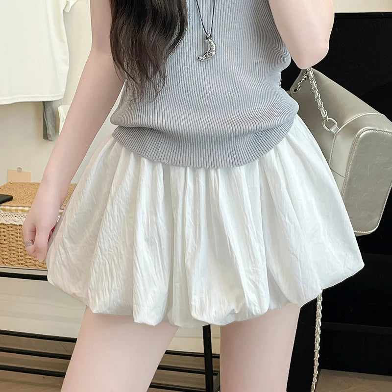 Women's Mini Skirt High Waist A-Line Skirt with Built-in Shorts for Petite, Pleated Puff Hem