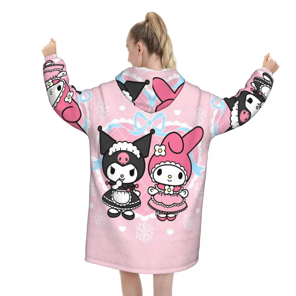 My Melody And Kuromi Blanket Hoodie Wearable Cute Cartoon Blanket Large with Pocket Warm Onesie