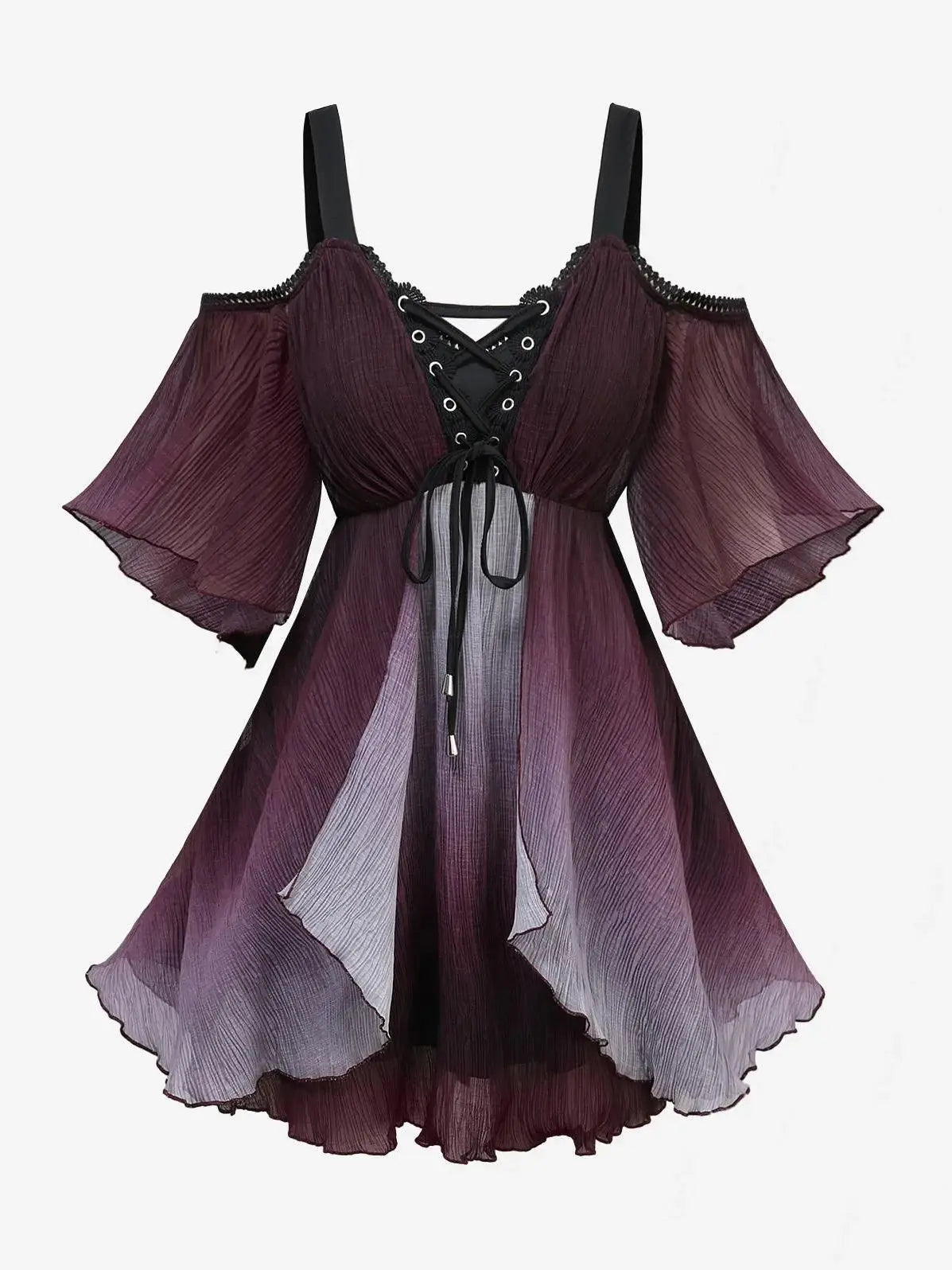 ROSEGAL Plus Size Ombre Lace-Up Grommets Ruffles Lace Trim Cold Shoulder Blouse