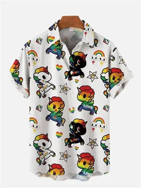 Rainbow Pony Print Men's Short Sleeve Hawaiian Shirt 2026 Loose Fit