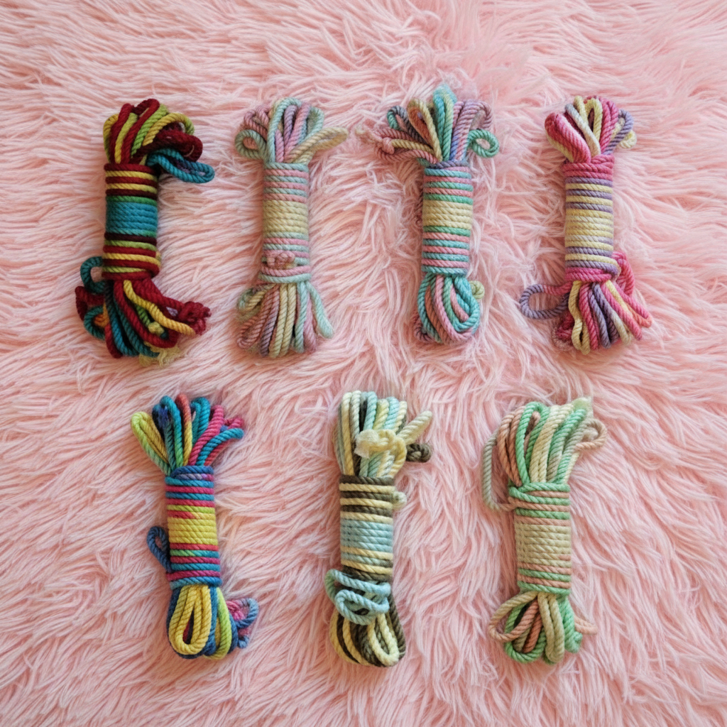 Set of colourful rope toys on a pink fluffy blanket background