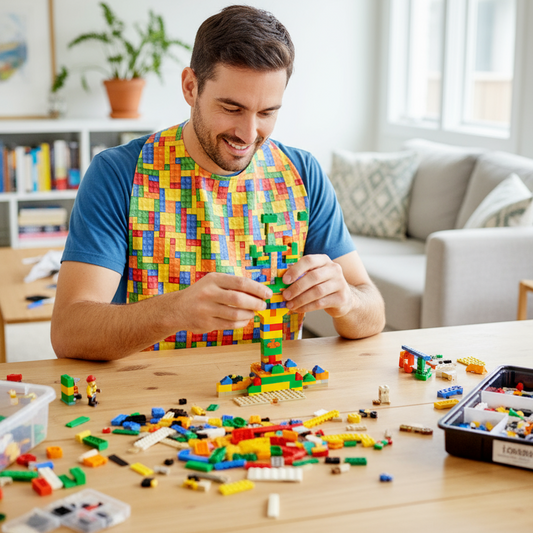 man playing lego with handmade lego bib